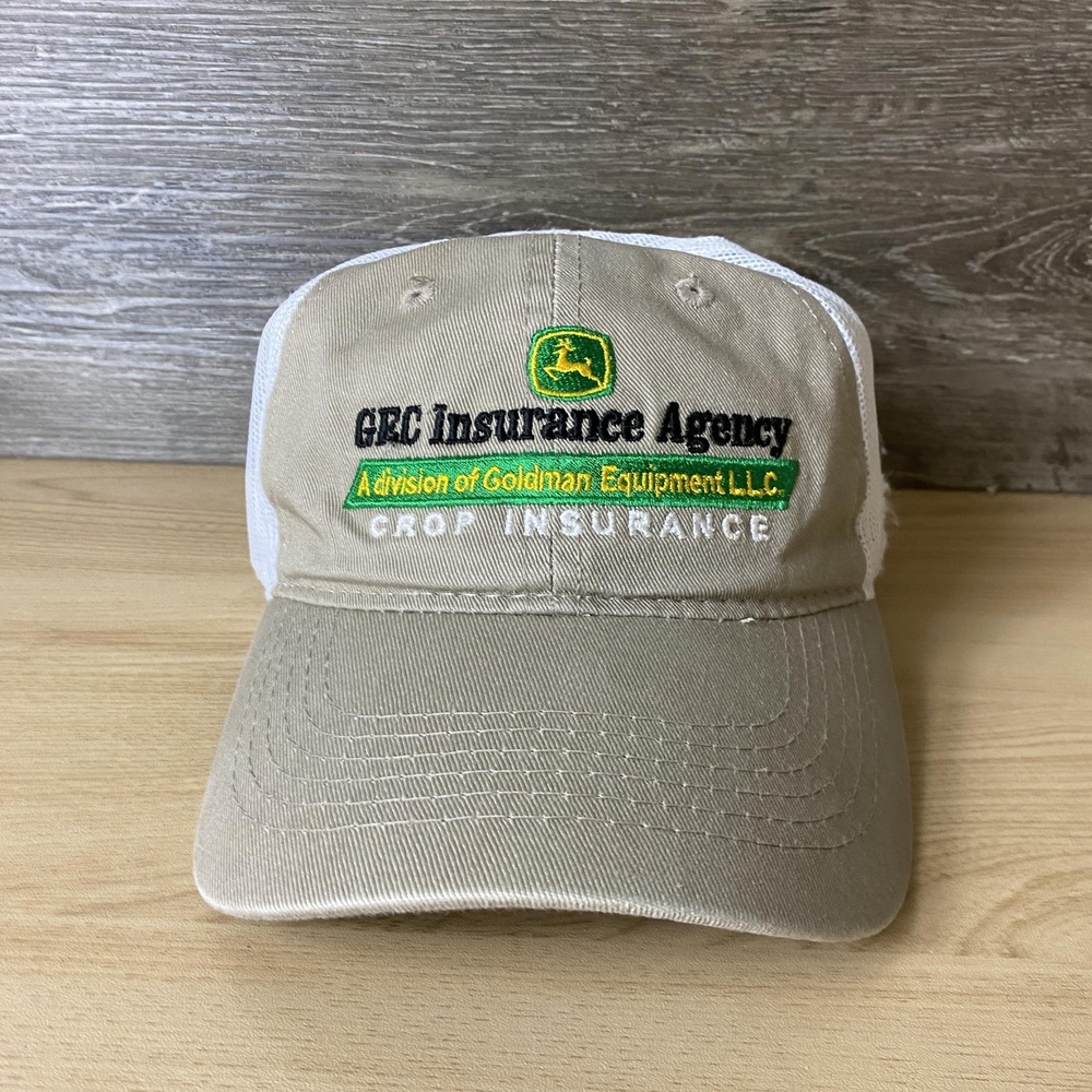 John Deere GEC Insurance Agency Hat Cap Snap Back Tan White Trucker Mesh Mens
